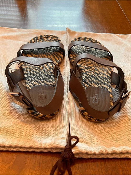 Hermes Men’s Brown Leather Strap Espadrilles Sandals Size 42 US 9 Dust Bags Nice main image 7